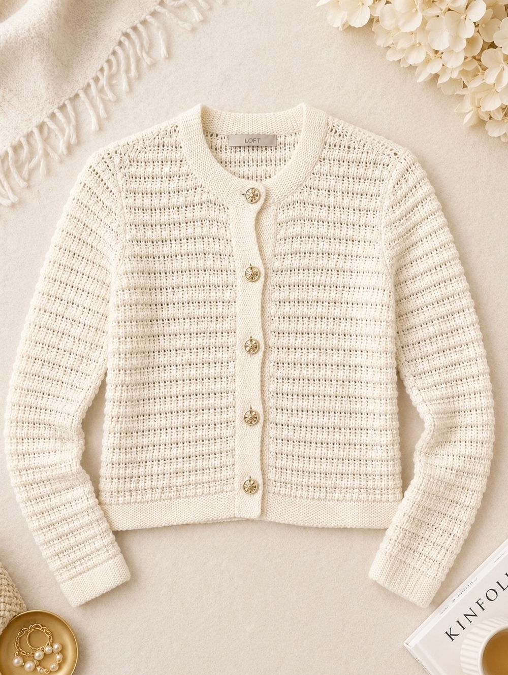 LOFT Cream Knit Cardigan Sweater Small Classic